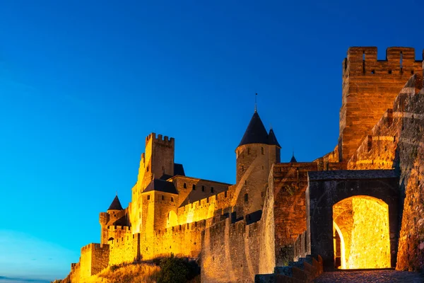 Uitzicht Het Kasteel Nachts Middeleeuwse Ommuurde Stad Carcassonne Frankrijk — Stockfoto