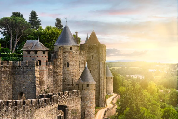 Fransa 'nın ortaçağ duvarlı kenti Carcassonne' daki kalenin gece manzarası.