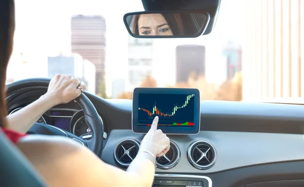 woman investing in stock market on car on-board computer screen