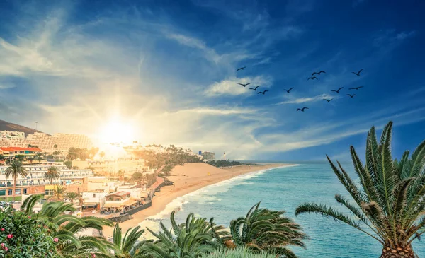 Gün batımında Fuerteventura 'daki Morro Jable Sahili - Kanarya Adaları - İspanya
