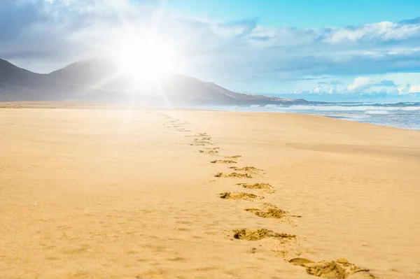Paisagem Praia Cofete Fuerteventura Ilhas Canárias Com Sol Brilhante Horizonte — Fotografia de Stock