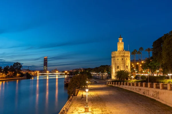 Landscape Gold Tower Guadalquivir River Seville Blue Hour — Stock Photo, Image