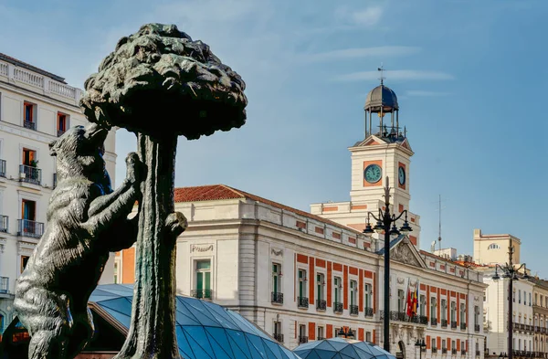 Puerta Del Sol Panorámája Madridban Medvével Madrid Szimbóluma Stock Kép