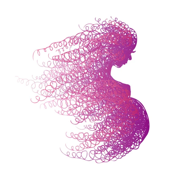 Profil Femme Enceinte Lignes Bouclées Vectorielles Roses — Image vectorielle