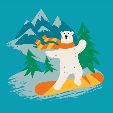 Kutup ayısı dağlarda snowboard yapıyor.