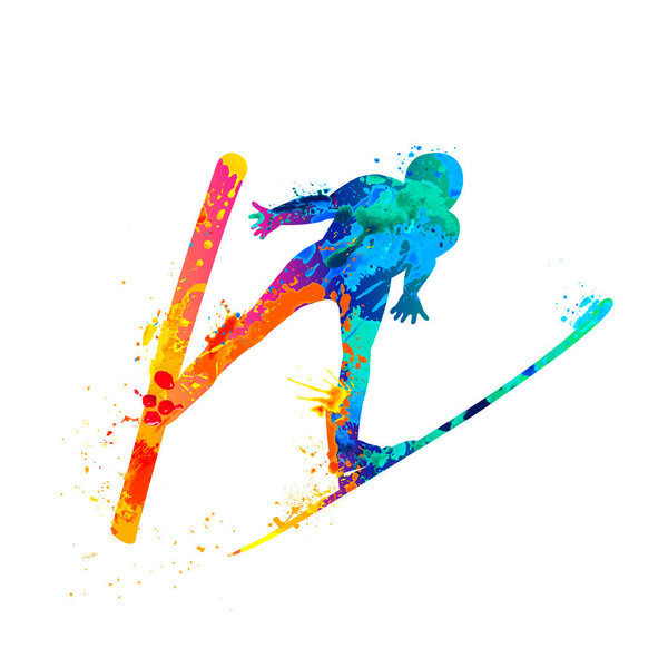 Ski jumping man silhouette os splash paint. Winter sport vector icon.