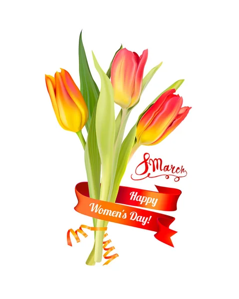 8 martie. O zi fericită a femeilor. Card vectorial cu lalele — Vector de stoc
