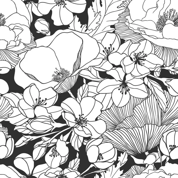 盛开的苹果树和罂粟花的无缝隙病媒图案 — 图库矢量图片