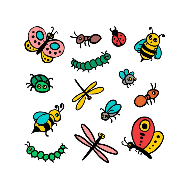 Vektor-Set verschiedener Insekten im einfachen Kinderstil — Stockvektor