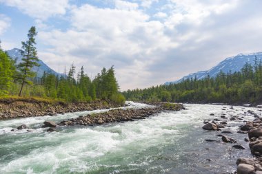 Hoisey Nehri. Putorana Platosu 'nda kutup günü, Taimyr, Rusya