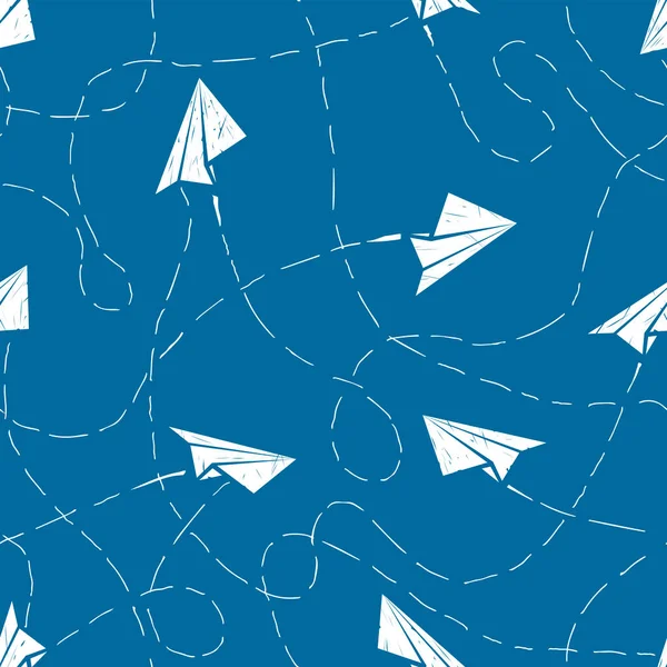 青い背景に紙飛行機のシームレスなパターン — ストックベクタ
