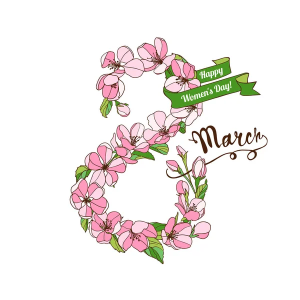 8 de marzo. Feliz Día de la Mujer. Tarjeta de felicitación con rama de manzano floreciente — Vector de stock
