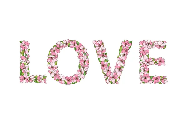 Word Love of font floreale. Lettere vettoriali di fiori di melo — Vettoriale Stock