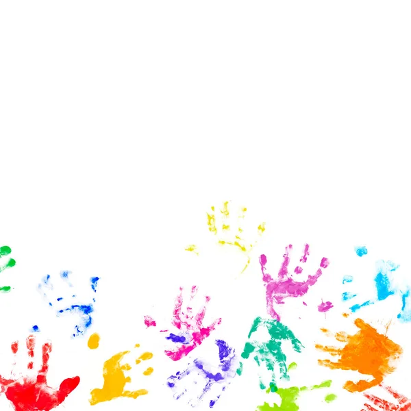 Белый Фон Разноцветными Отпечатками Ладоней Детей — стоковое фото