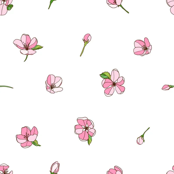 无缝隙的粉红色苹果树花图案 病媒植物背景 — 图库矢量图片