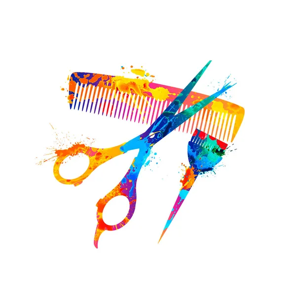Icono de pintura Splash para el salón de peluquería. Tijeras, peine y borla — Vector de stock