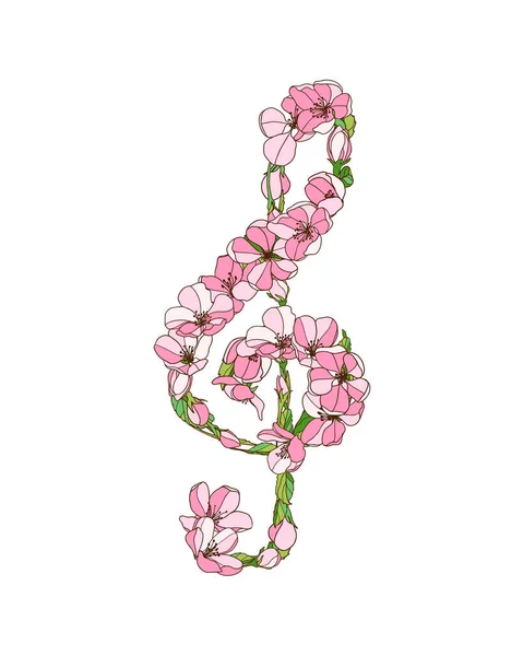 Drillschlüssel von Apfelbaumblüten. Symbol der romantischen Musik. — Stockvektor