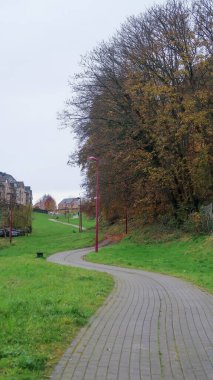 Gri gökyüzü olan bir parkta dolambaçlı bir yol. Ottignies, Belçika