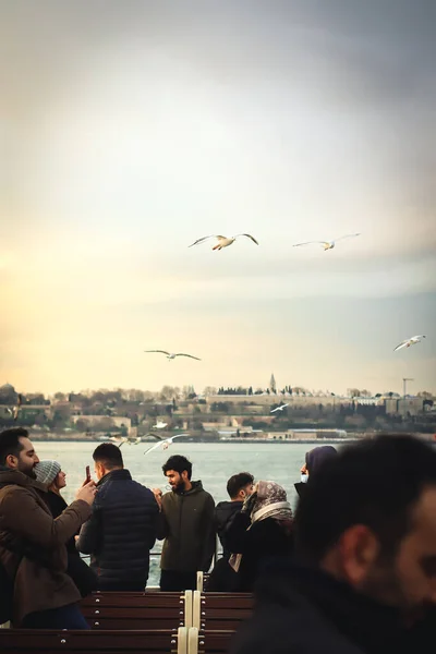Istanbul Türkei Januar 2022 Menschen Füttern Tauben Während Sie Die — Stockfoto