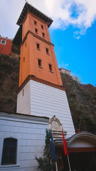 Izmir, Turkey, 5th of January 2022 - Front view of the old elevator of Izmir during a clody day