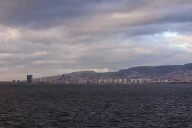 Mountains and the Aegean Sea on the coast of Izmir with copy space