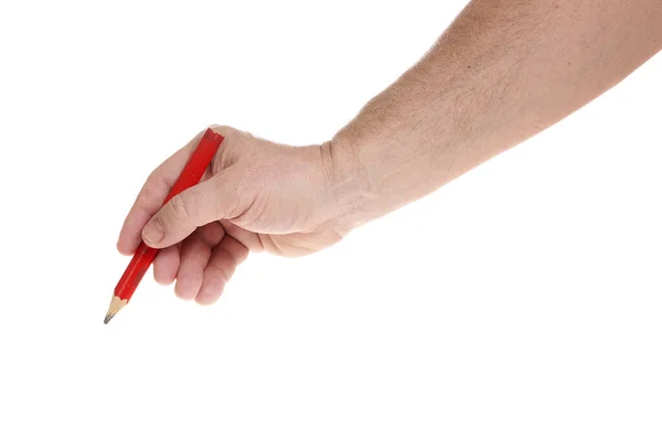 Mão segura um lápis de construção vermelho em um fundo branco — Fotografia de Stock