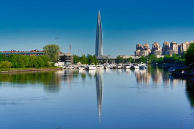 Skyscraper of Gazprom in St. Petersburg with fucking in the river against