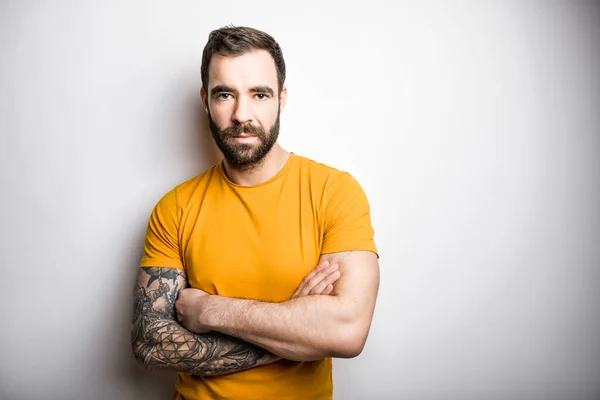 Portrait Casual Young Man Beard Tattoo Burnt Orange Shirt White — ストック写真