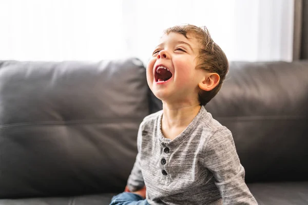 Pequeño niño está de pie en el sofá en casa con una gran risa —  Fotos de Stock