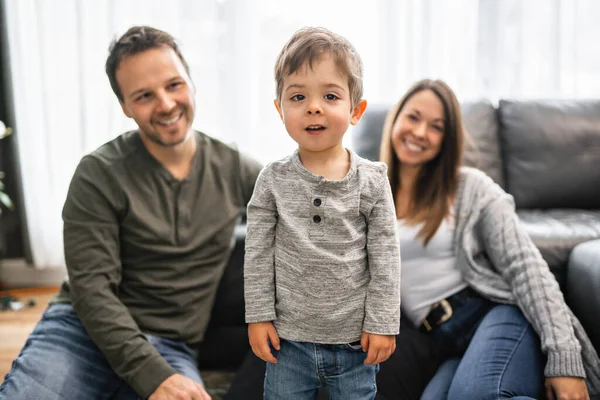 Happy family mother and father having fun with child son at home — Photo