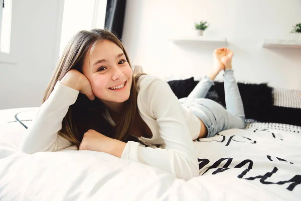 Teen spending time relaxing on bedroom at home — Stock Fotó