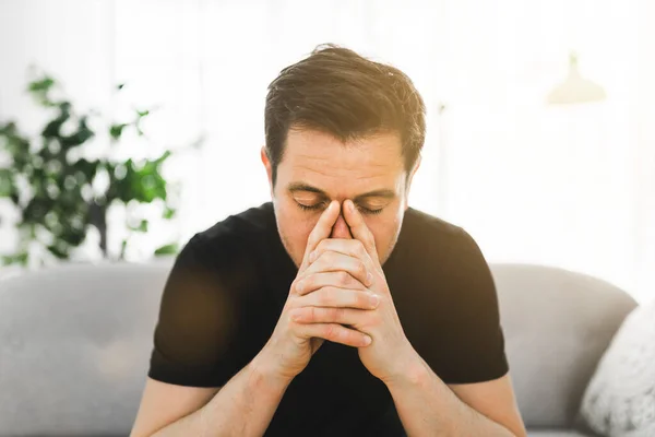 Depressed Man Thinking Home Couch — Stock Fotó