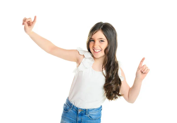 Cute child over white background on studio with finger up —  Fotos de Stock