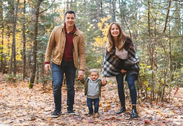 Aile ve oğul sonbahar ormanlarında yürüyorlar. — Stok fotoğraf