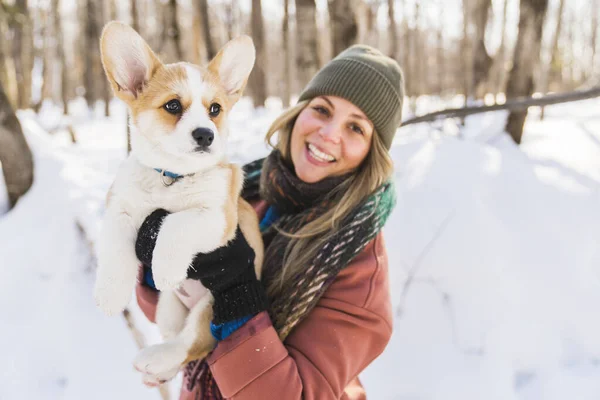 Young happy woman having fun in snowy winter park with Corgi baby dog — стоковое фото