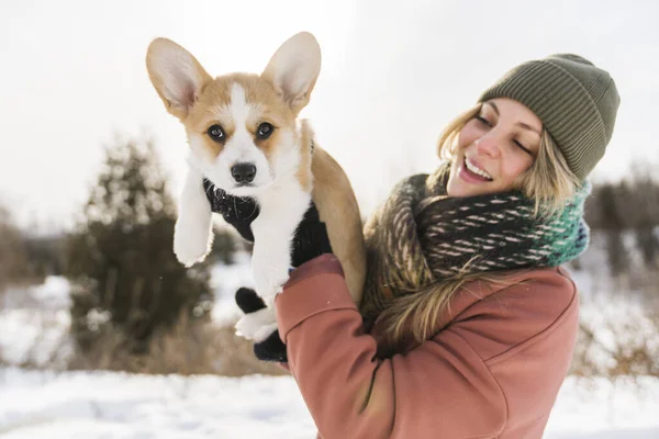 Young happy woman having fun in snowy winter park with Corgi baby dog — стоковое фото