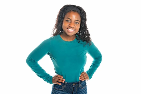 Young African Woman smiling on White Background — Stock Photo, Image