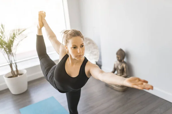 Спортивна молода жінка практикує йогу і має природний баланс — стокове фото
