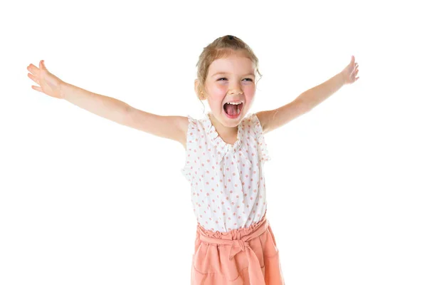 Cute five year old caucasian girl yell isolated on white. — Stockfoto