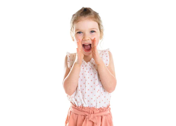 Cute five year old caucasian girl yell isolated on white. — Stock Fotó