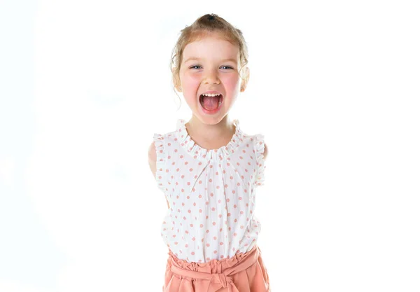 Cute five year old caucasian girl yell isolated on white. — Stockfoto