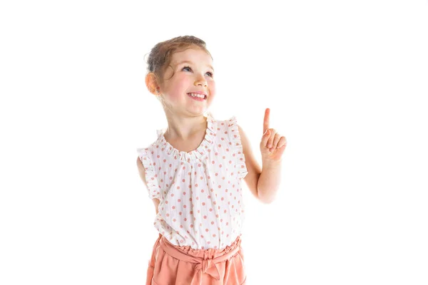 Cute pensive five year old caucasian girl posing isolated on white. — Foto Stock