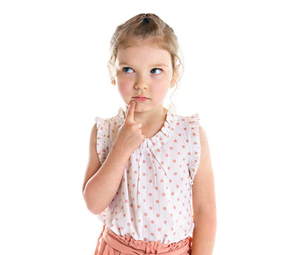 Cute pensive five year old caucasian girl posing isolated on white. — Stock fotografie