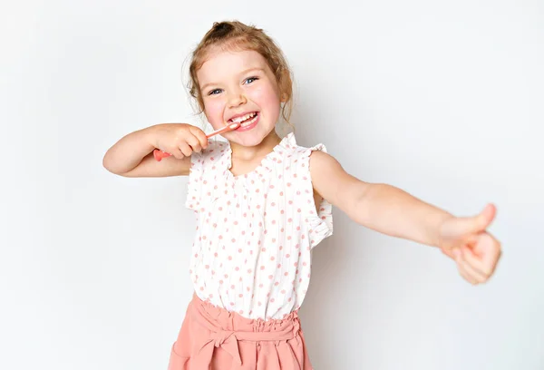 Little Smiling Curly Girl Brushing Teeth Portrait — Stock Photo, Image