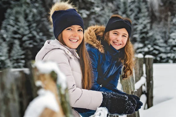 Retrato de dos niños en ropa de invierno caliente juegan en el parque de invierno — Foto de Stock