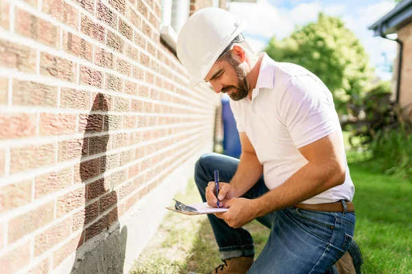 Man with a white hard hat holding a clipboard, inspect house —  Fotos de Stock