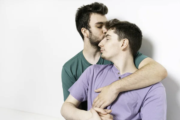 Young gay couple standing together over isolated background — 스톡 사진