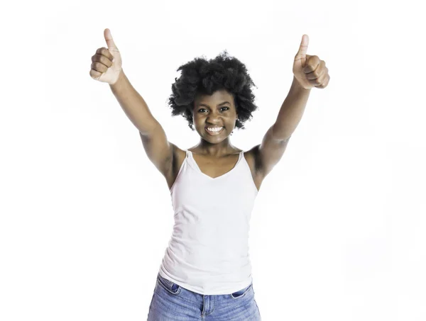 Young African Woman Isolated On White Background with positive thum-up — Foto Stock