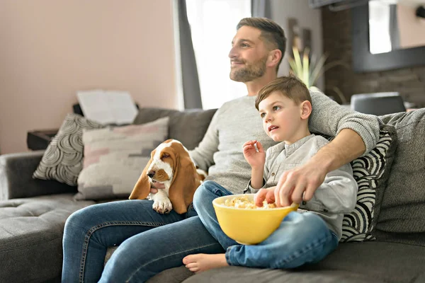 Father or Godfather with Basset dog having fun on the living room At Home watching movie with popcorn — Stock Photo, Image