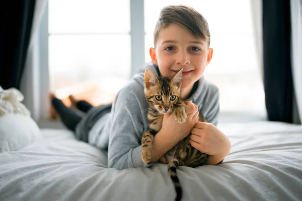 Бенгальский кот в спальне с мальчиком — стоковое фото